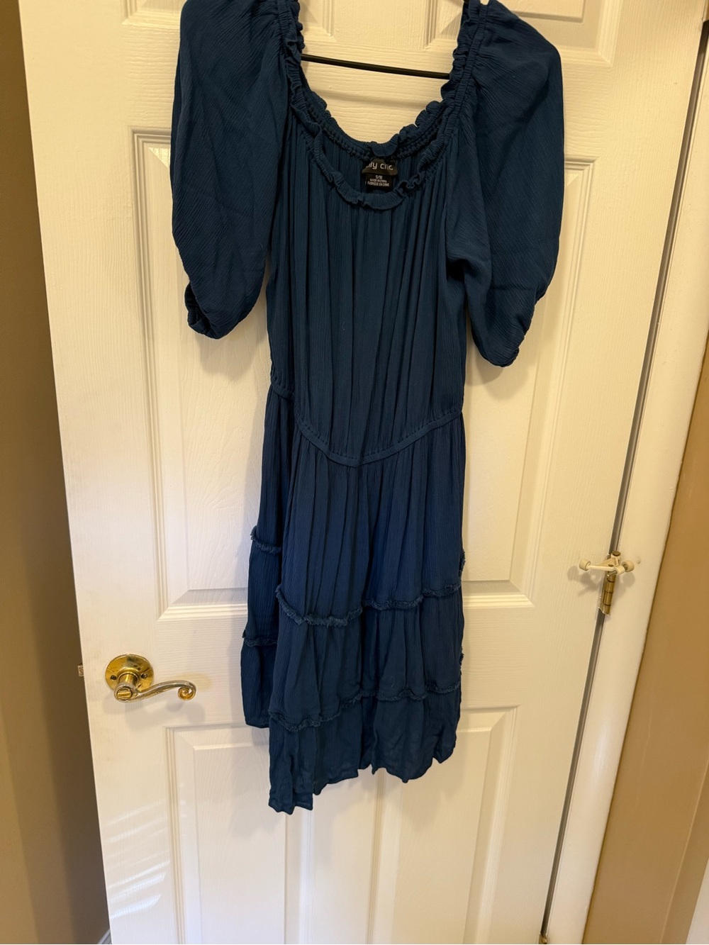 City Chic Navy Puff-Sleeve Tiered Midi Dress